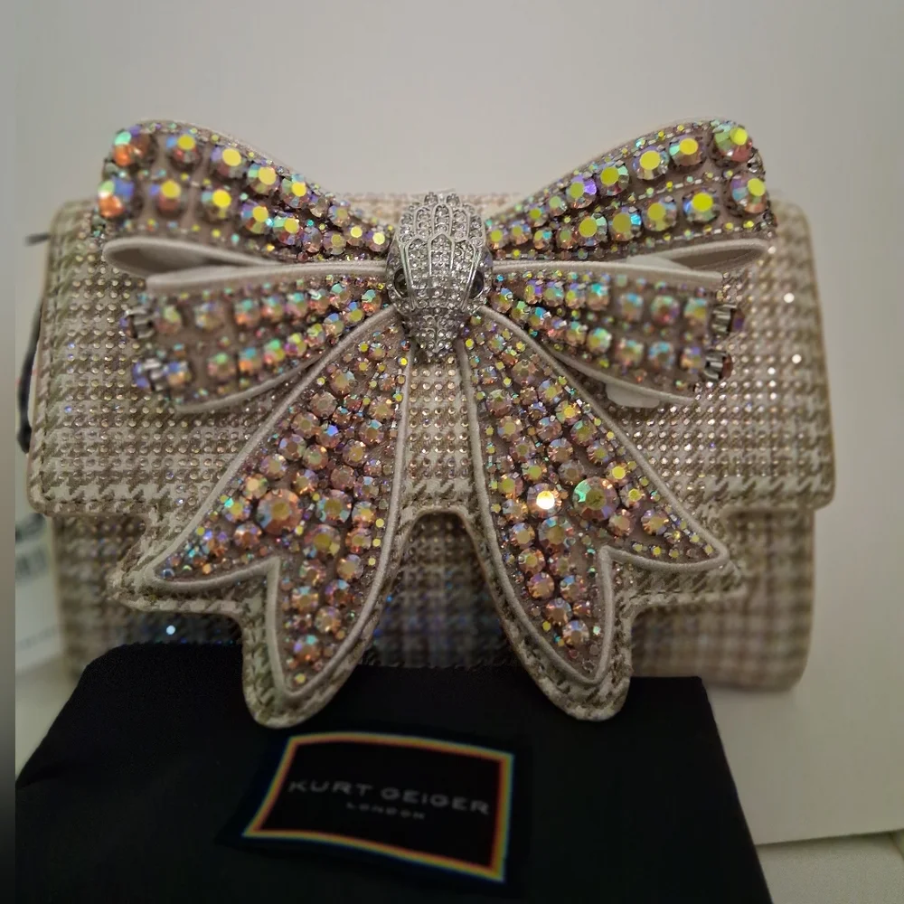 Kurt Geiger Shoreditch Bag Beigh/Gold Clutch with Bow Rhinestones NWT
